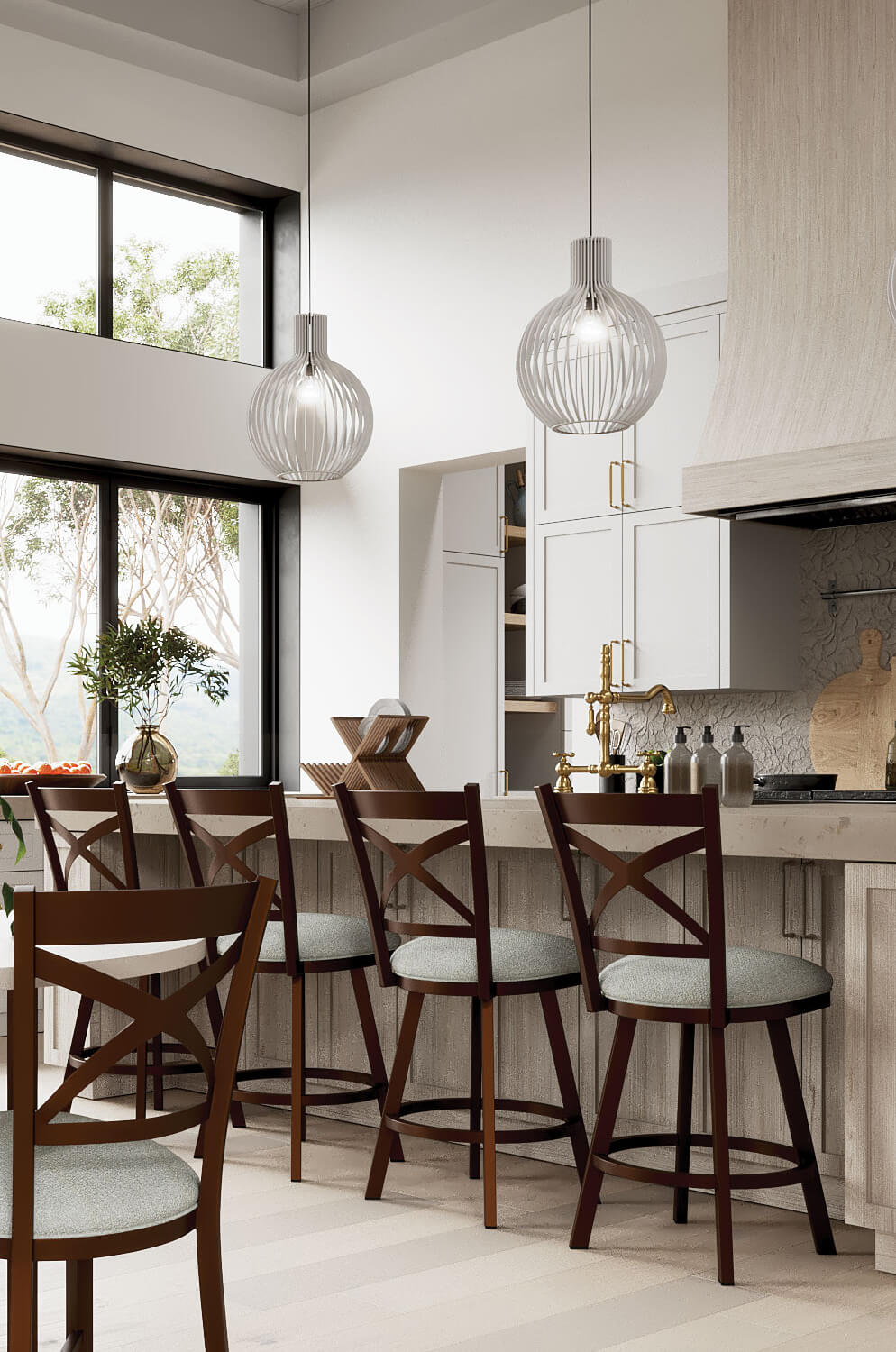 Wesley Allen's Edmonton Bronze Metal Swivel Bar Stools in Large Kitchen