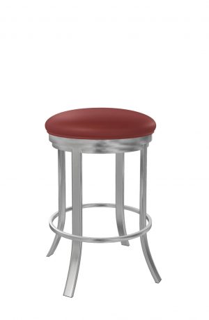 Wesley Allen's Bali Stainless Steel Round Backless Swivel Bar Stool with Red Seat Cushion