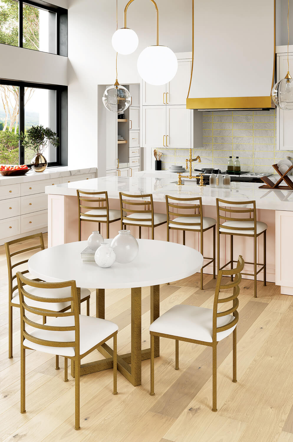 Wesley Allen's Benton Gold Modern Dining Chairs in White Gold Kitchen