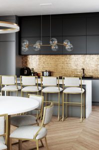 Wesley Allen's Ki Modern Gold Bar Stools in Black Kitchen