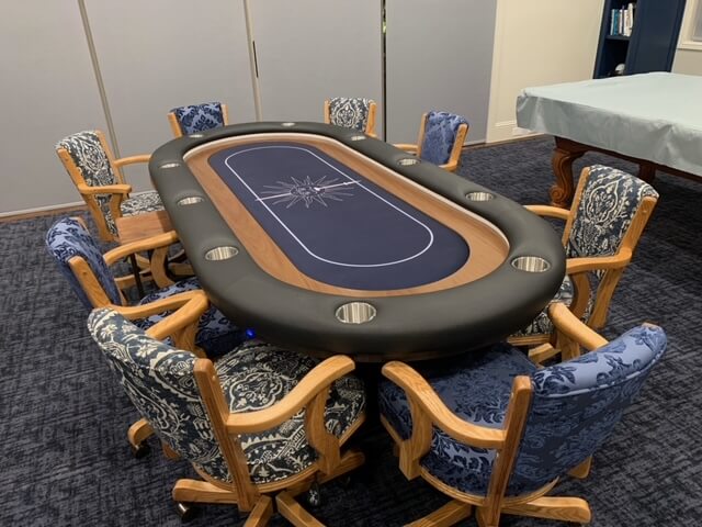 Darafeev's 610 Oak Adjustable Swivel Game Chairs in Honey Wood and Blue Fabric in Game Room
