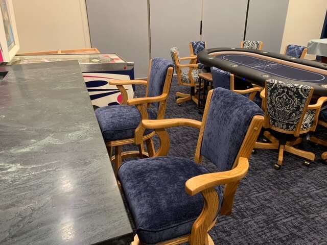 Darafeev's 610 Oak Adjustable Swivel Game Chairs in Honey Wood and Blue Fabric in Game Room