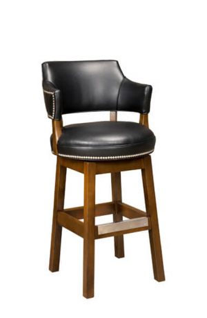 Style Upholstering 141 Wood Swivel Ba Stool with Arms in Leather and Nailhead Trim